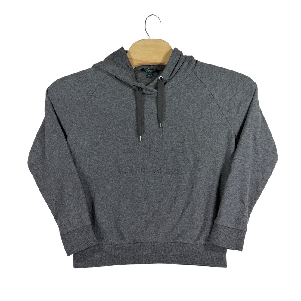 Lauren Ralph Lauren Hoodie Womens Small Gray Embossed Logo Raglan Sweatshirt‎